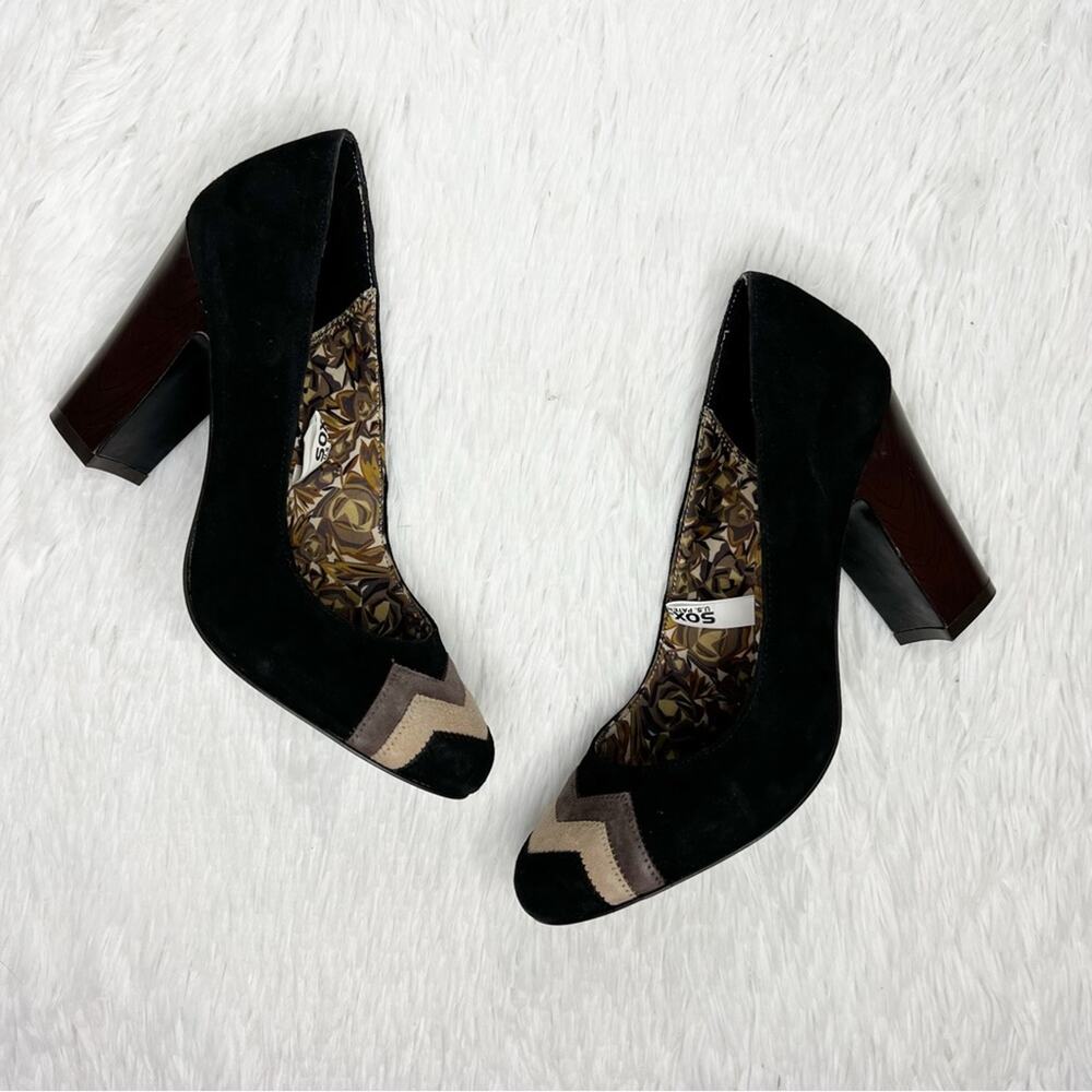 MISSONI FOR TARGET / black tan suede leather chevron stripe heels / 8